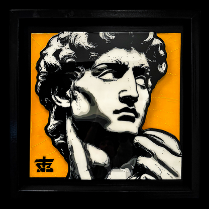 Framed artwork of a classical statue of david statue with a yellow background