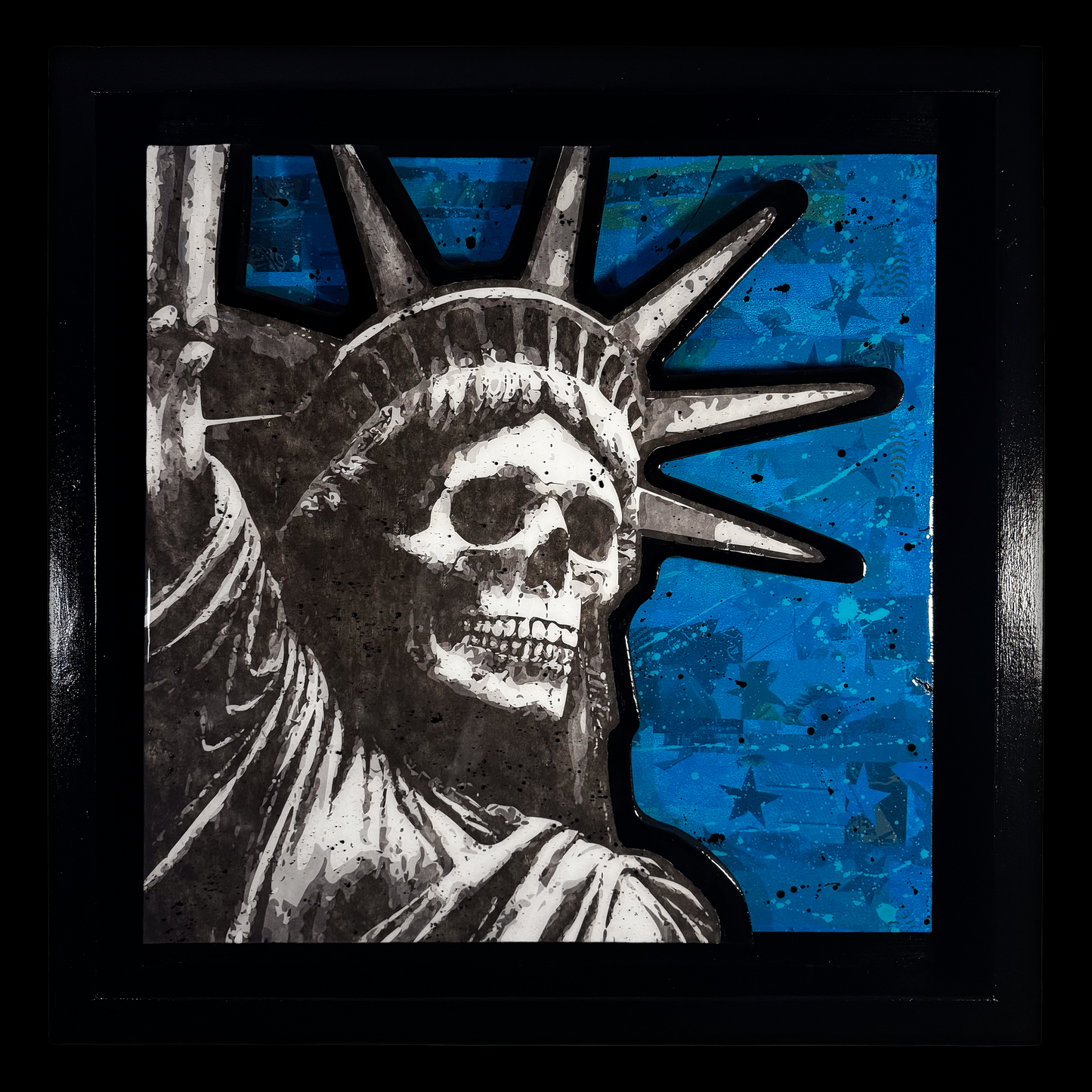 Skull-like Statue of Liberty against a blue background with star patterns
